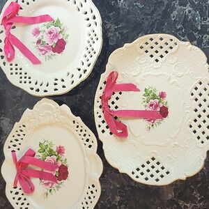 Elegant Rose Porcelain  3 Decorative Plates with Gold Trim